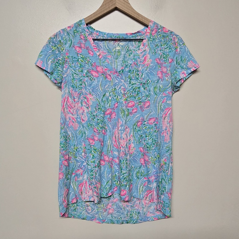 Lilly Pulitzer Women's Small XS Etta Top Amalfi Blue Best Fishes High Low Beach